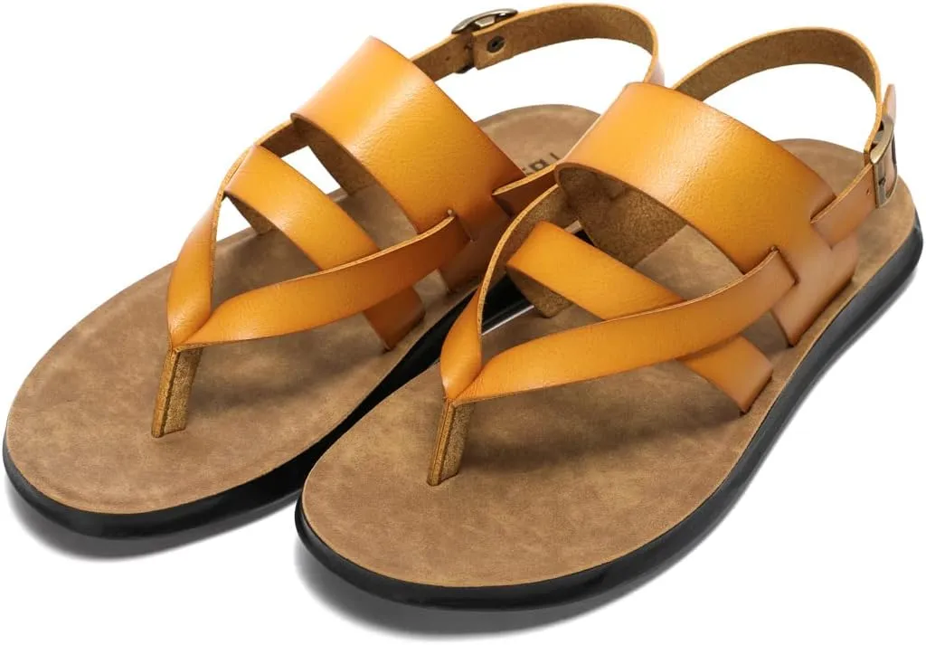 Harssidanzar Mens Leather Sandals,Summer Comfy Outdoor Adjustable Ankle Strap Flat Slip On Sandals For Men's KM218