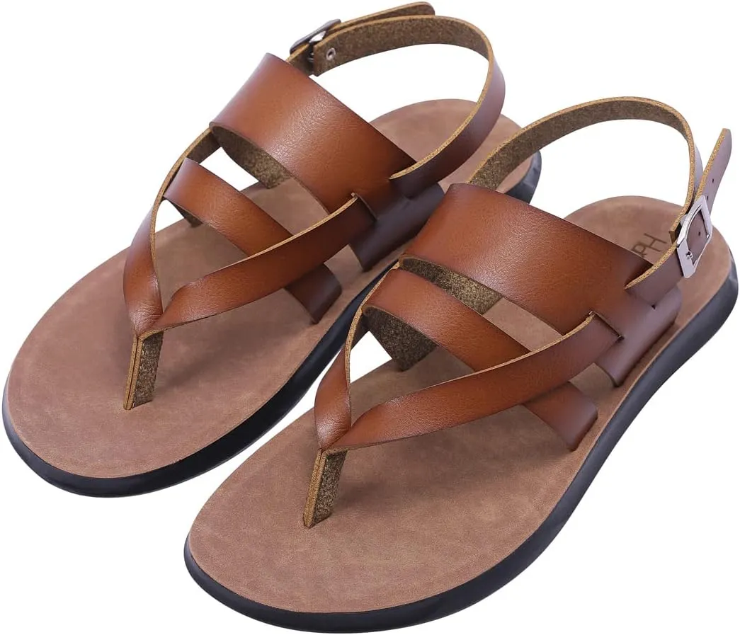 Harssidanzar Mens Leather Sandals,Summer Comfy Outdoor Adjustable Ankle Strap Flat Slip On Sandals For Men's KM218