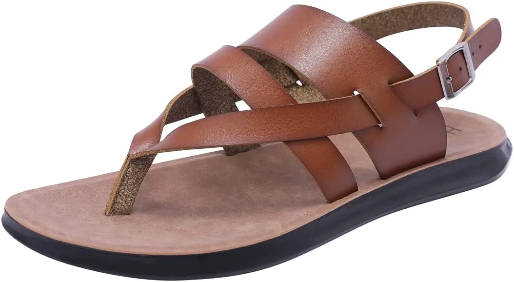 Harssidanzar Mens Leather Sandals,Summer Comfy Outdoor Adjustable Ankle Strap Flat Slip On Sandals For Men's KM218