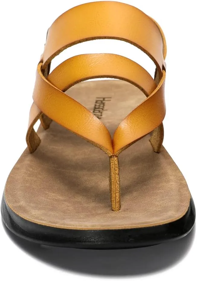 Harssidanzar Mens Leather Sandals,Summer Comfy Outdoor Adjustable Ankle Strap Flat Slip On Sandals For Men's KM218