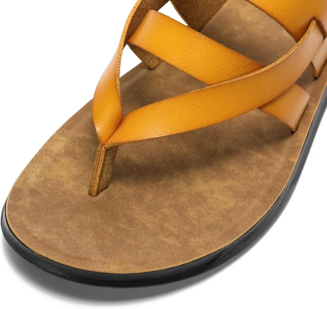 Harssidanzar Mens Leather Sandals,Summer Comfy Outdoor Adjustable Ankle Strap Flat Slip On Sandals For Men's KM218