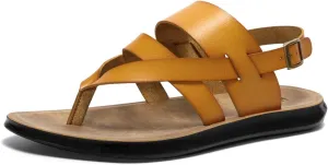 Harssidanzar Mens Leather Sandals,Summer Comfy Outdoor Adjustable Ankle Strap Flat Slip On Sandals For Men's KM218