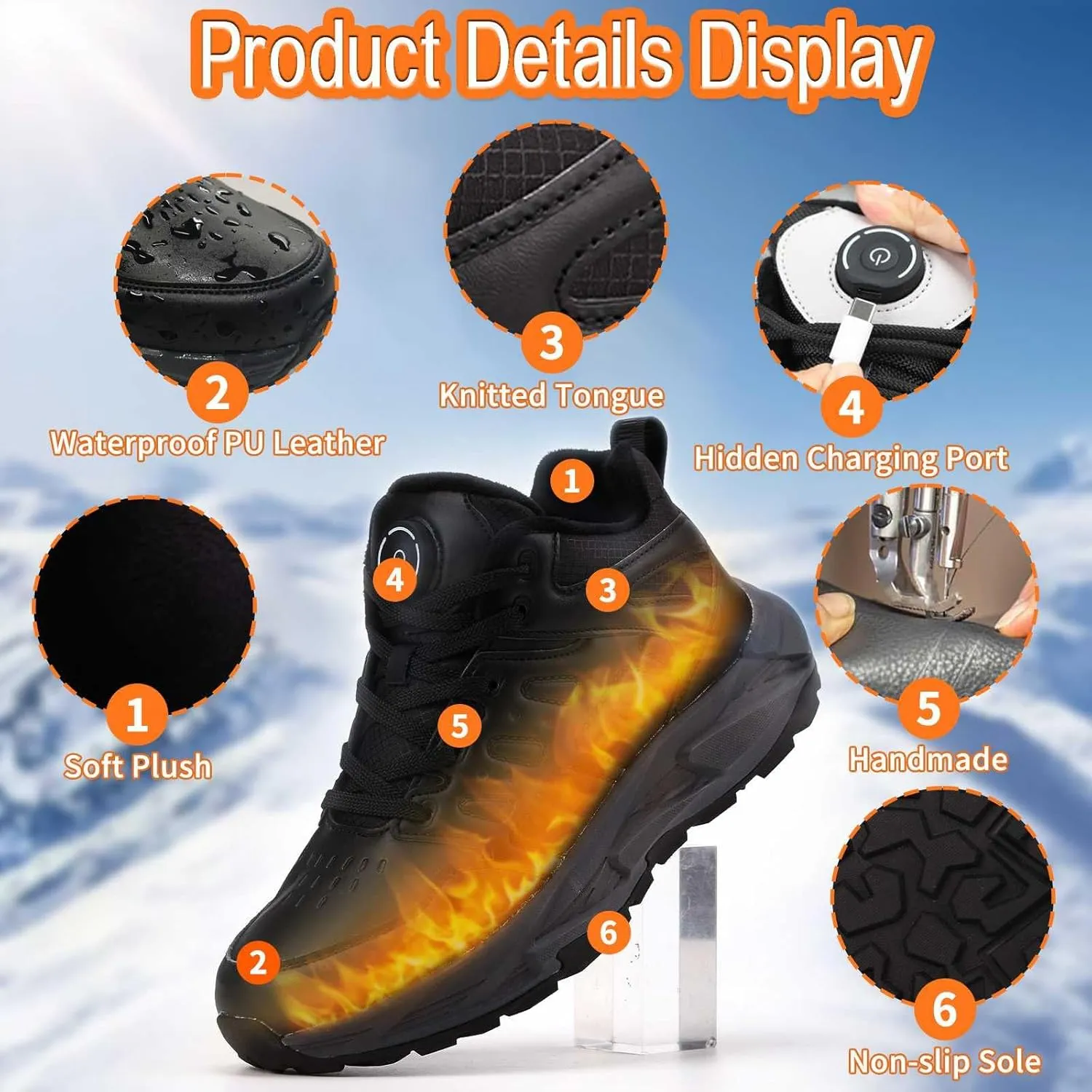Heated Sneakers for Men Women,4000mAh Battery Rechargeable Foot Warmer Shoes with 3 Heating Levels,Heating Hiking Shoes for Unisex Outdoor Feet Warm Anti-Slip Snow Trail Shoes