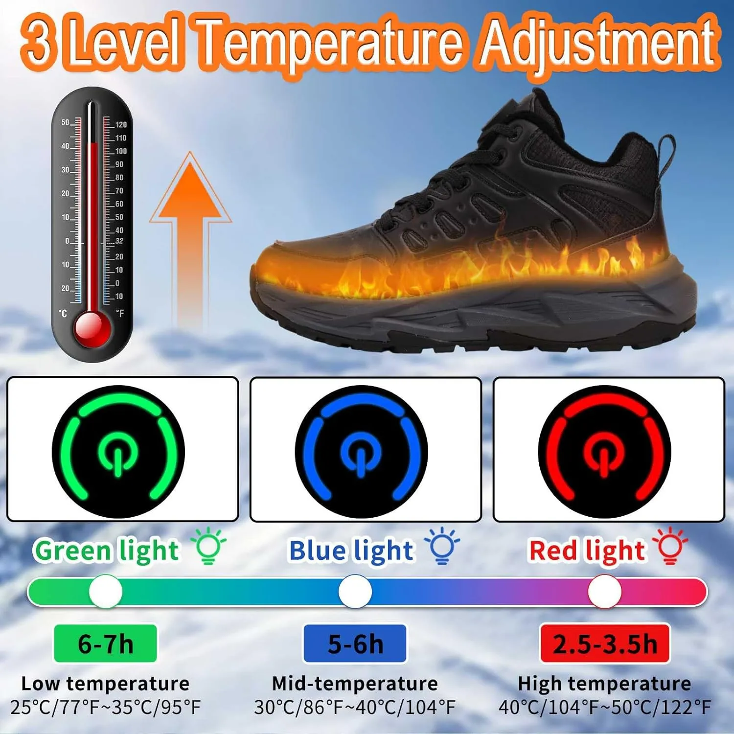 Heated Sneakers for Men Women,4000mAh Battery Rechargeable Foot Warmer Shoes with 3 Heating Levels,Heating Hiking Shoes for Unisex Outdoor Feet Warm Anti-Slip Snow Trail Shoes