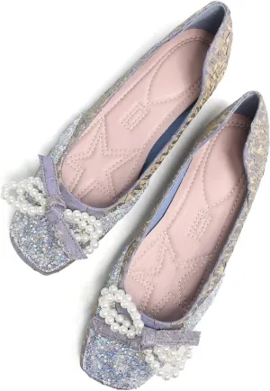 Hee grand Women Crystals Bowknot Ballet Flats Square Toe Slip On Flat Shoes Fashion Rhinestones Dress Shoes