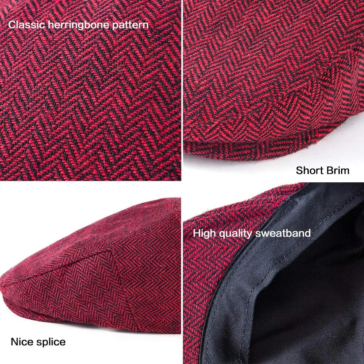 Herringbone Flat Ivy Newsboy Cap for Men Classic Wool Blend Tweed Cabbie Hat