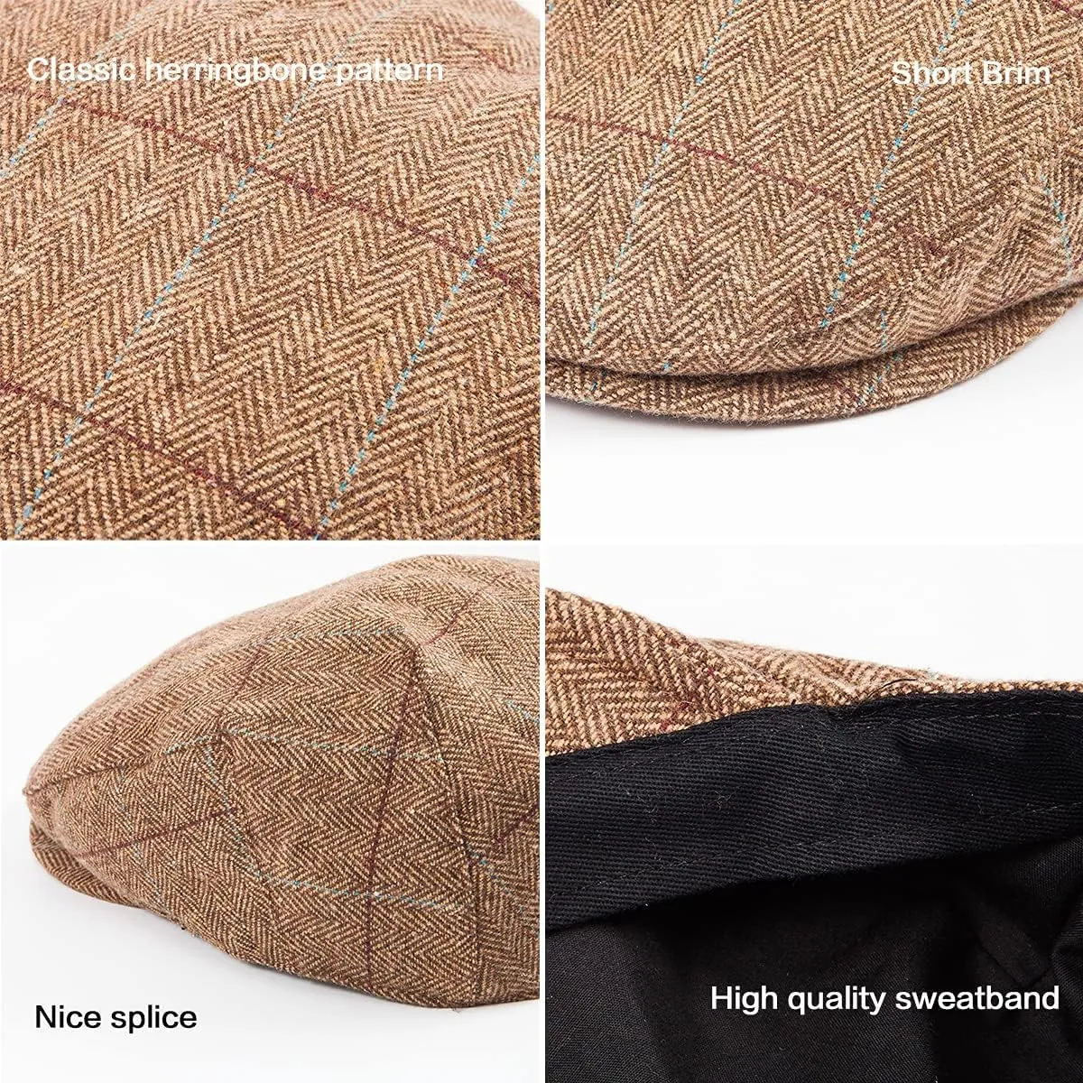 Herringbone Flat Ivy Newsboy Cap for Men Classic Wool Blend Tweed Cabbie Hat