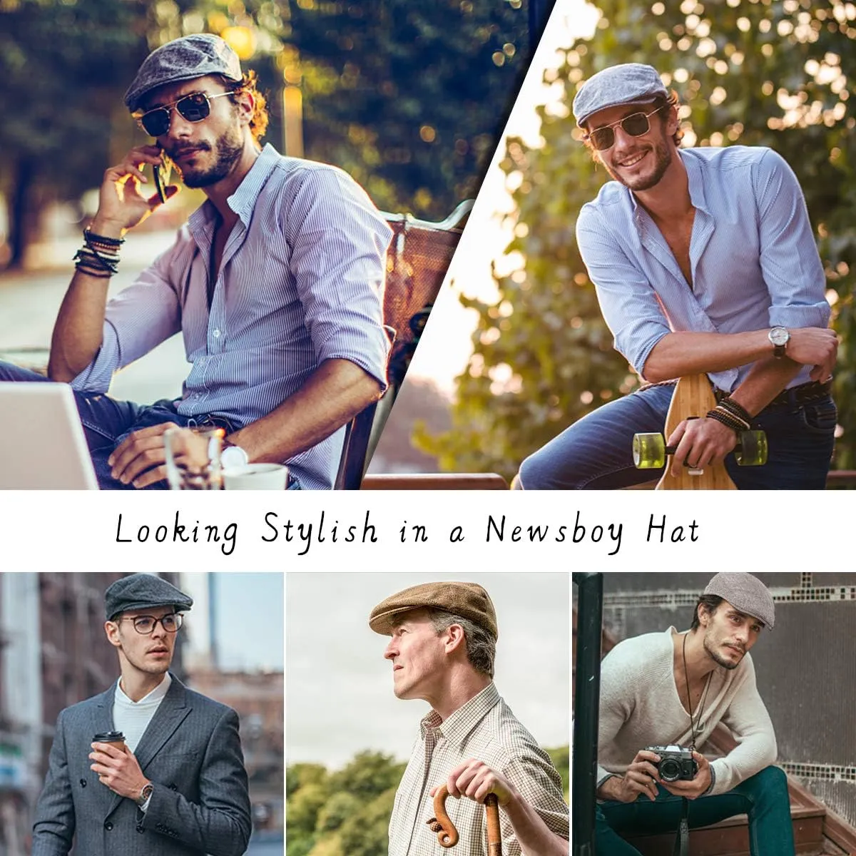 Herringbone Flat Ivy Newsboy Cap for Men Classic Wool Blend Tweed Cabbie Hat