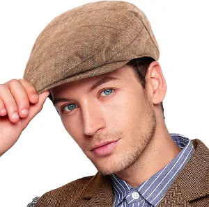 Herringbone Flat Ivy Newsboy Cap for Men Classic Wool Blend Tweed Cabbie Hat