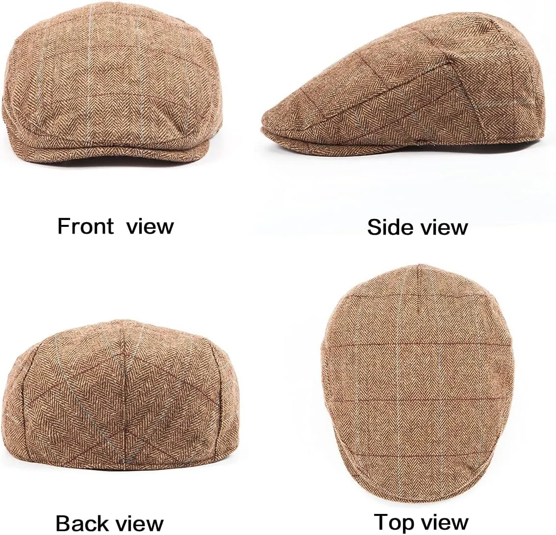 Herringbone Flat Ivy Newsboy Cap for Men Classic Wool Blend Tweed Cabbie Hat