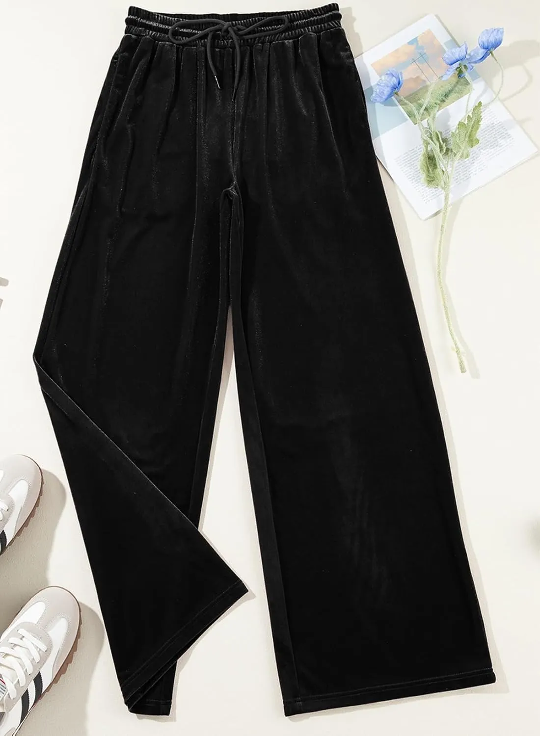 Herseas Women's Velvet Pants Drawstring Waist Wide Leg Casual Lounge Pant