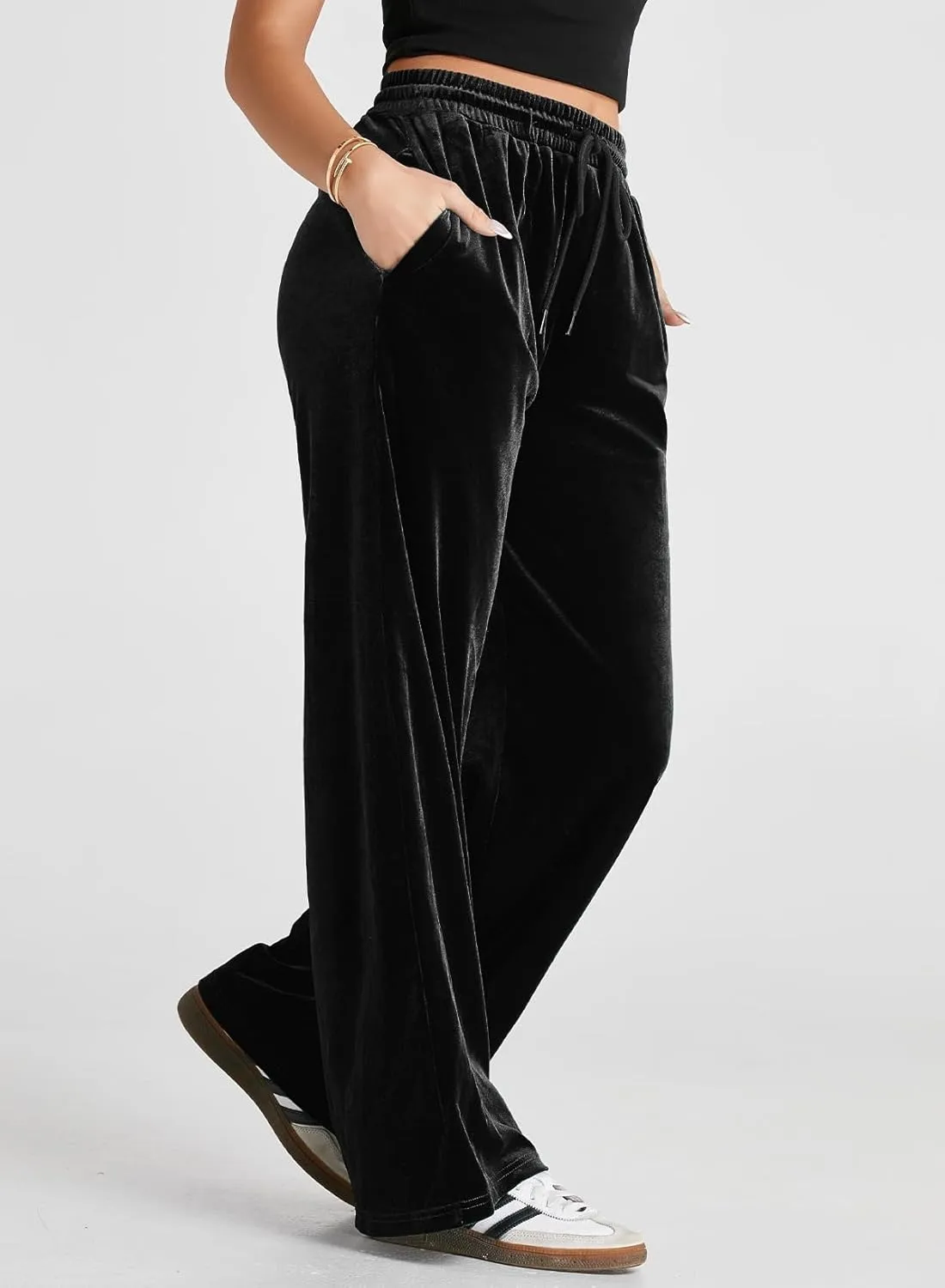 Herseas Women's Velvet Pants Drawstring Waist Wide Leg Casual Lounge Pant