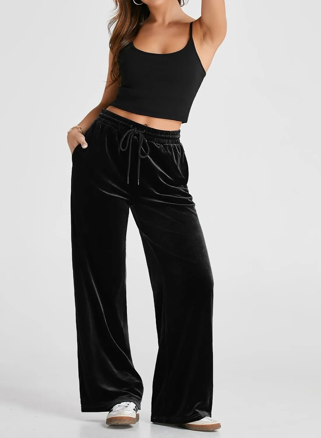 Herseas Women's Velvet Pants Drawstring Waist Wide Leg Casual Lounge Pant
