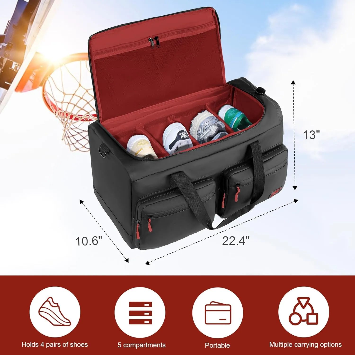 HOMBYS Sneaker Bag for Travel/Shoes, Fits 4 Pairs, Adjustable Compartments, Waterproof Duffle Bags with Individually Pockets, Red