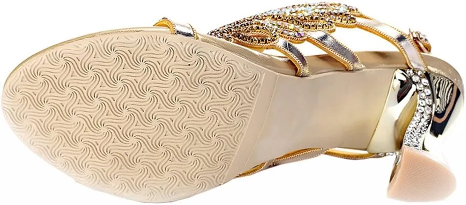 Honeystore Women's Rhinestone Peacock Patterned Handmade Sandals with Chunky Heel