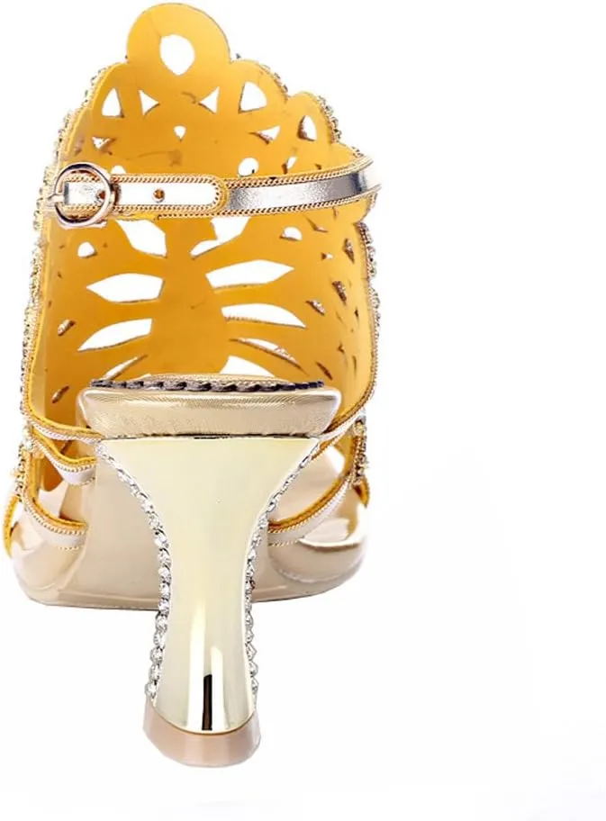 Honeystore Women's Rhinestone Peacock Patterned Handmade Sandals with Chunky Heel