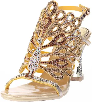 Honeystore Women's Rhinestone Peacock Patterned Handmade Sandals with Chunky Heel