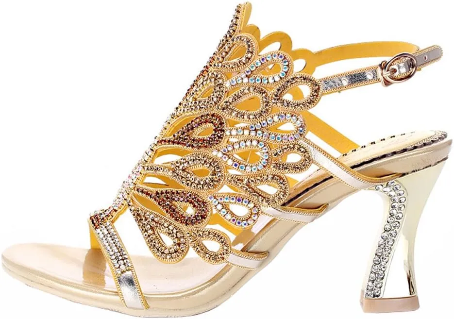 Honeystore Women's Rhinestone Peacock Patterned Handmade Sandals with Chunky Heel