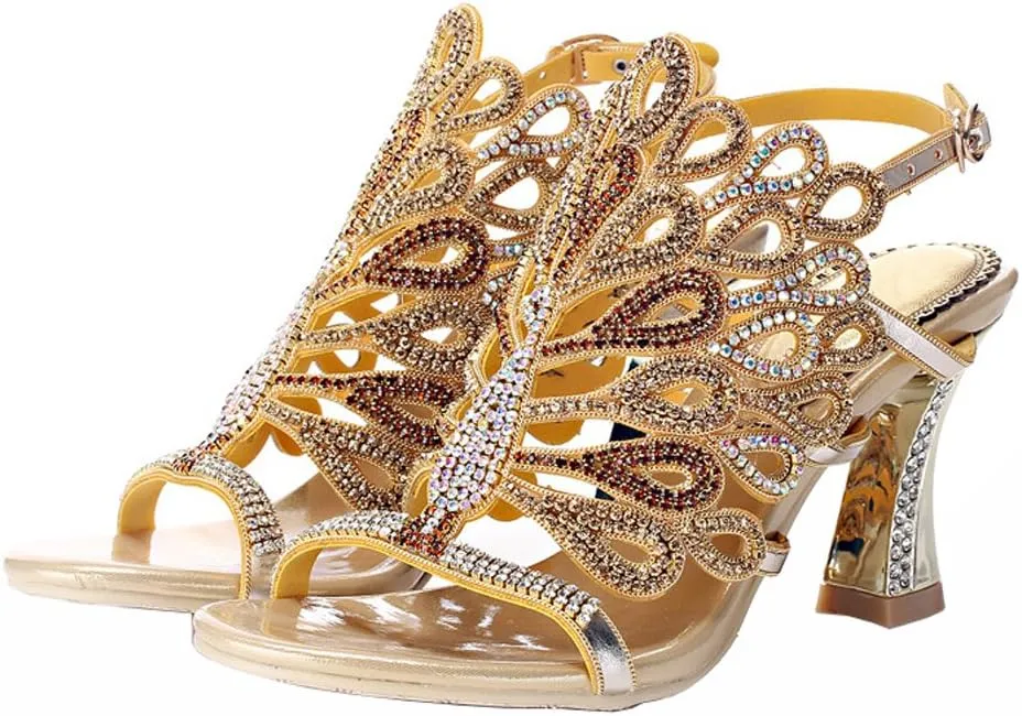 Honeystore Women's Rhinestone Peacock Patterned Handmade Sandals with Chunky Heel