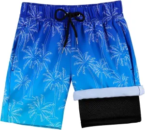 HONGTEYA Boys Swim Trunks with Compression Liner Boys Bathing Suit UPF 50  Kids Quick Dry Swimwear Shorts 6-12 Years