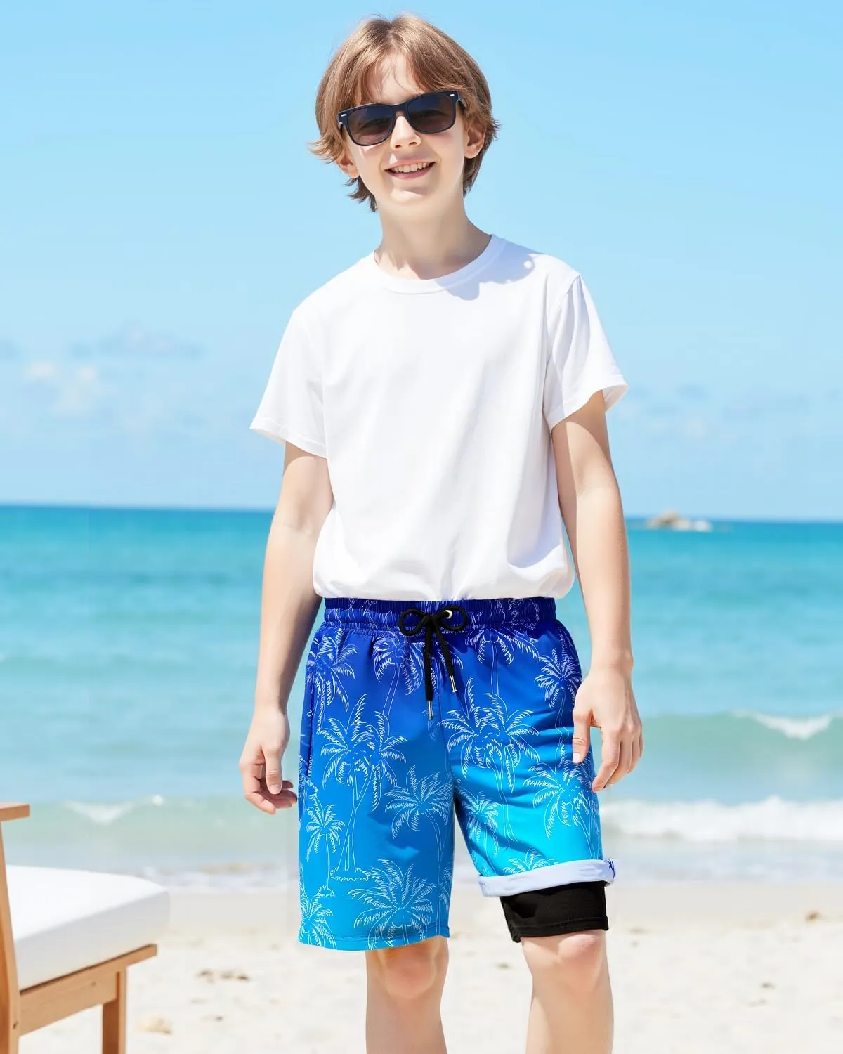 HONGTEYA Boys Swim Trunks with Compression Liner Boys Bathing Suit UPF 50  Kids Quick Dry Swimwear Shorts 6-12 Years