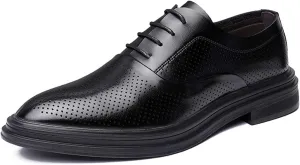 HOOENG Dress Oxford Shoes for Men Lace Up Round Toe Brogue Embossed Leather Slip Resistant Anti-Slip Block Heel Classic (Color : Perforated, Size : 6.5)