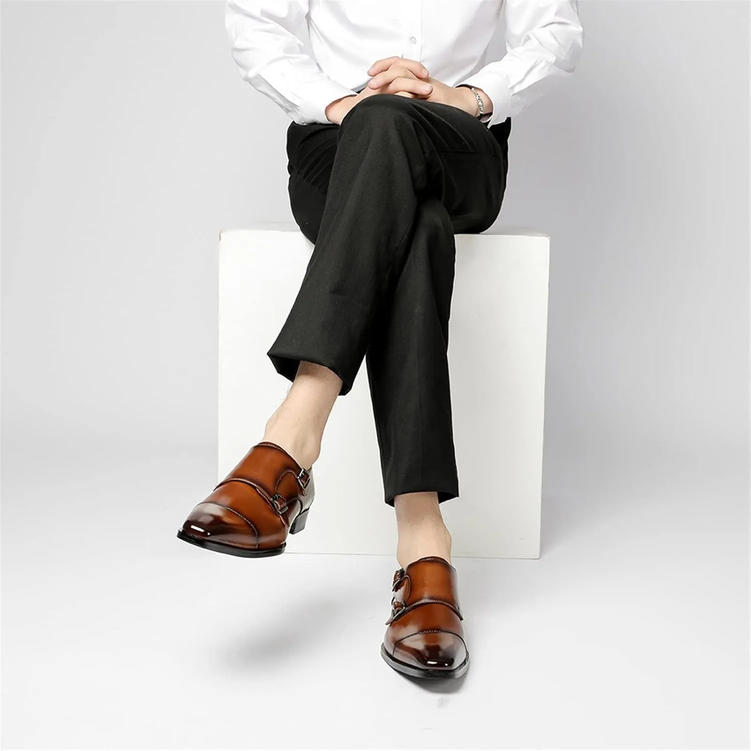 HOOENG Dress Shoes for Men Slip on Double Monk Strap Burnished Toe Cap Toe Leather Rubber Sole Anti-Slip Slip Resistant Casual