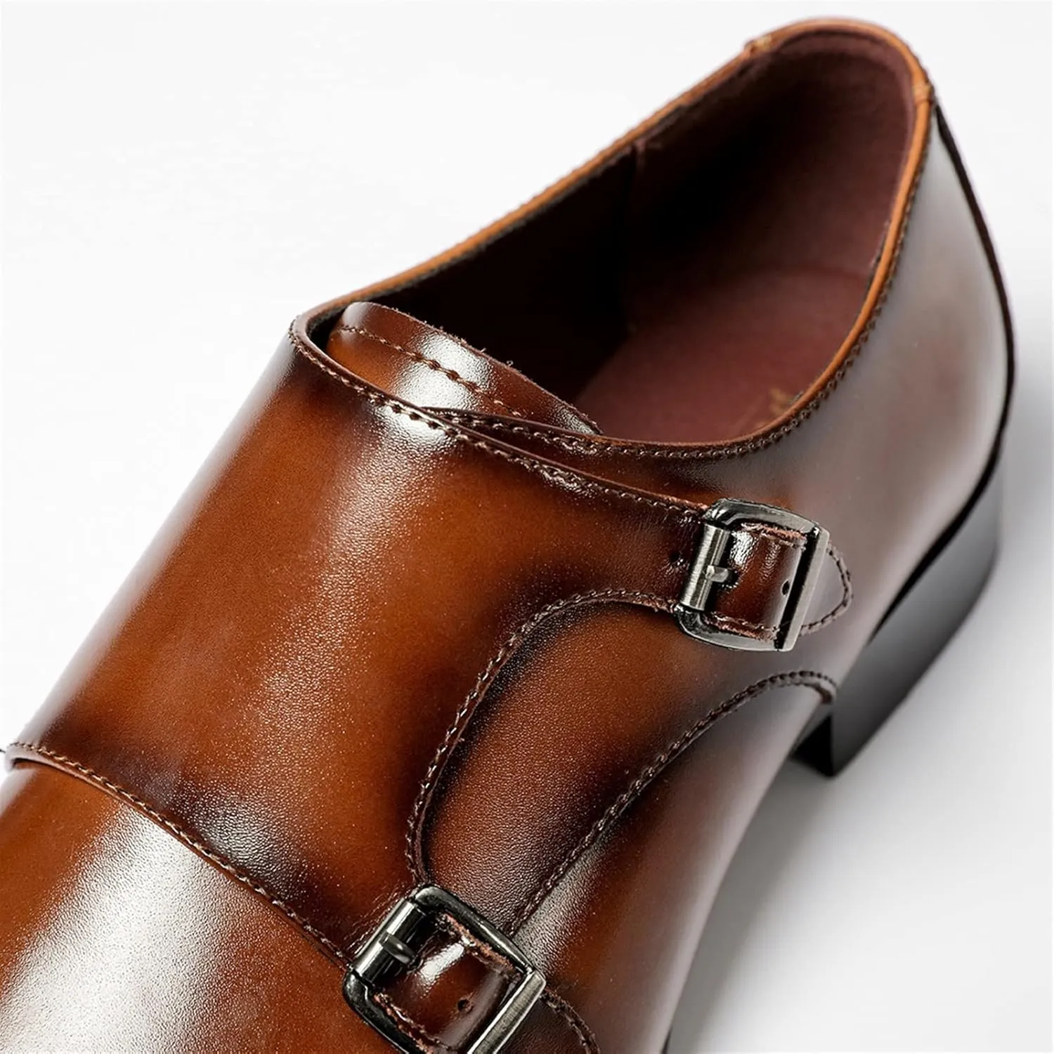 HOOENG Dress Shoes for Men Slip on Double Monk Strap Burnished Toe Cap Toe Leather Rubber Sole Anti-Slip Slip Resistant Casual