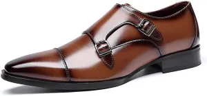 HOOENG Dress Shoes for Men Slip on Double Monk Strap Burnished Toe Cap Toe Leather Rubber Sole Anti-Slip Slip Resistant Casual