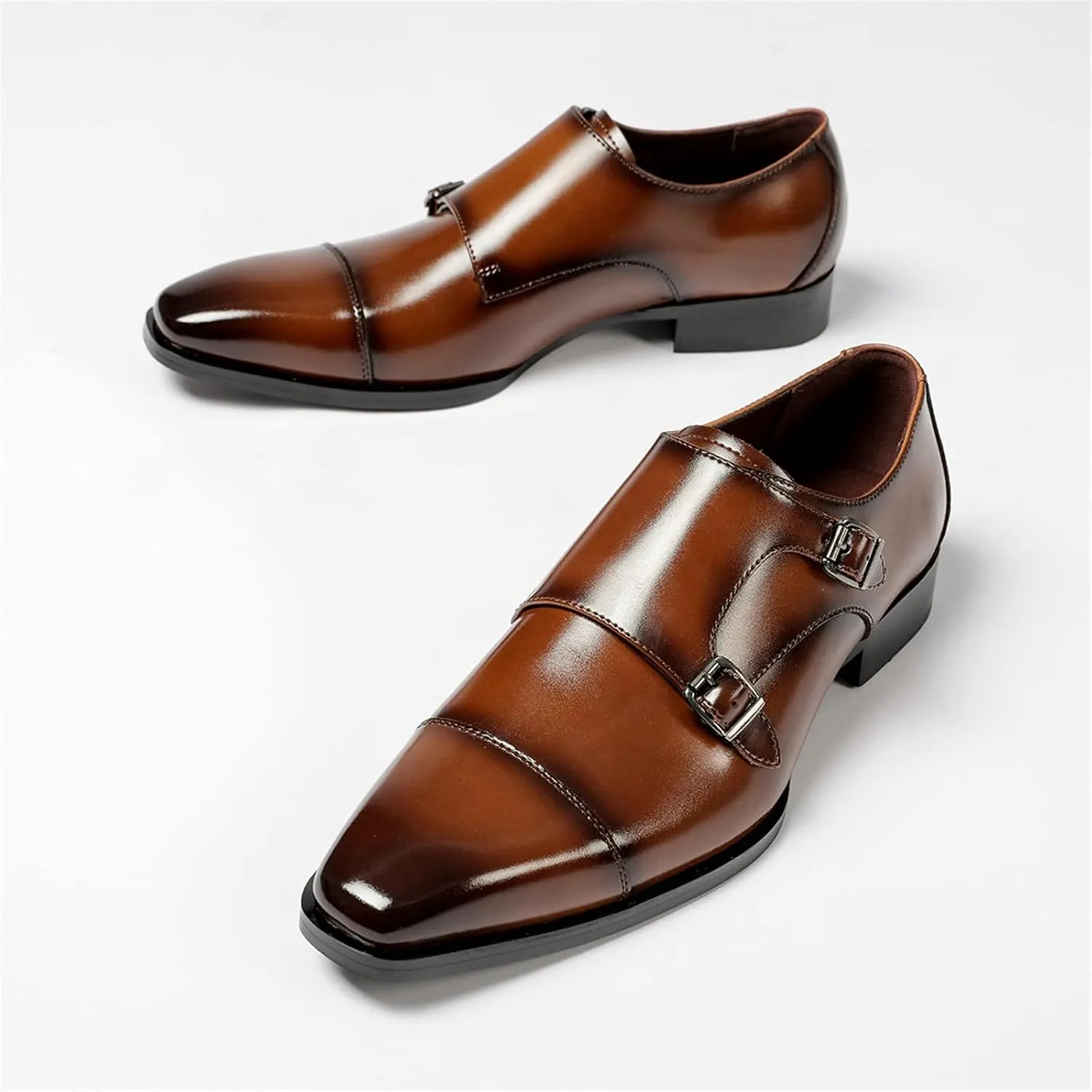 HOOENG Dress Shoes for Men Slip on Double Monk Strap Burnished Toe Cap Toe Leather Rubber Sole Anti-Slip Slip Resistant Casual