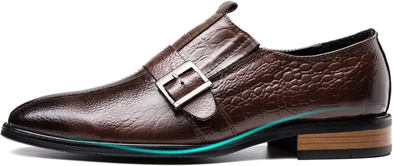 HOOENG Dress Shoes for Men Slip On Monk Strap Crocodile Print Burnished Square Toe Leather Low Top Non Slip Block Heel Anti-Slip Working