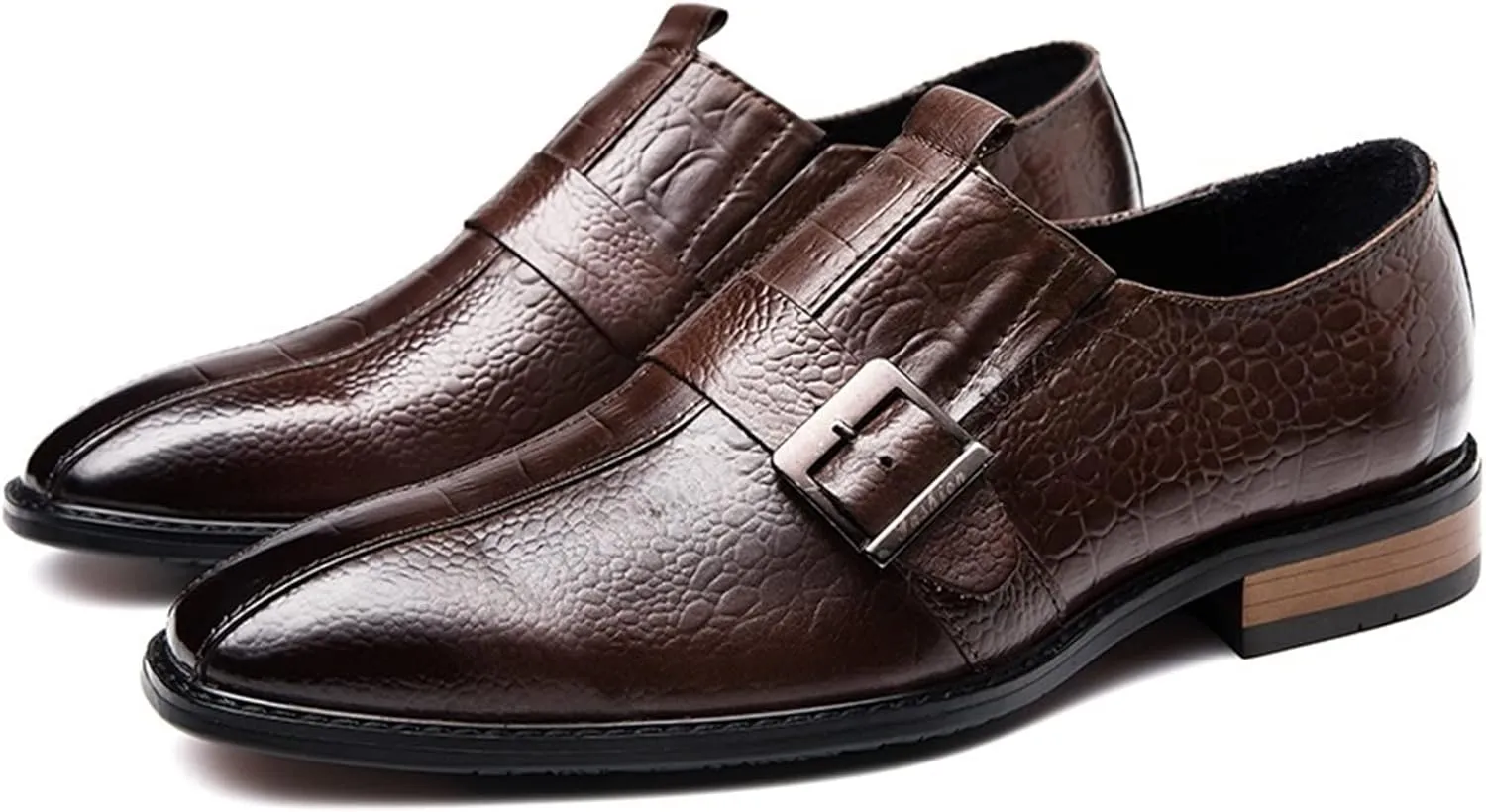 HOOENG Dress Shoes for Men Slip On Monk Strap Crocodile Print Burnished Square Toe Leather Low Top Non Slip Block Heel Anti-Slip Working