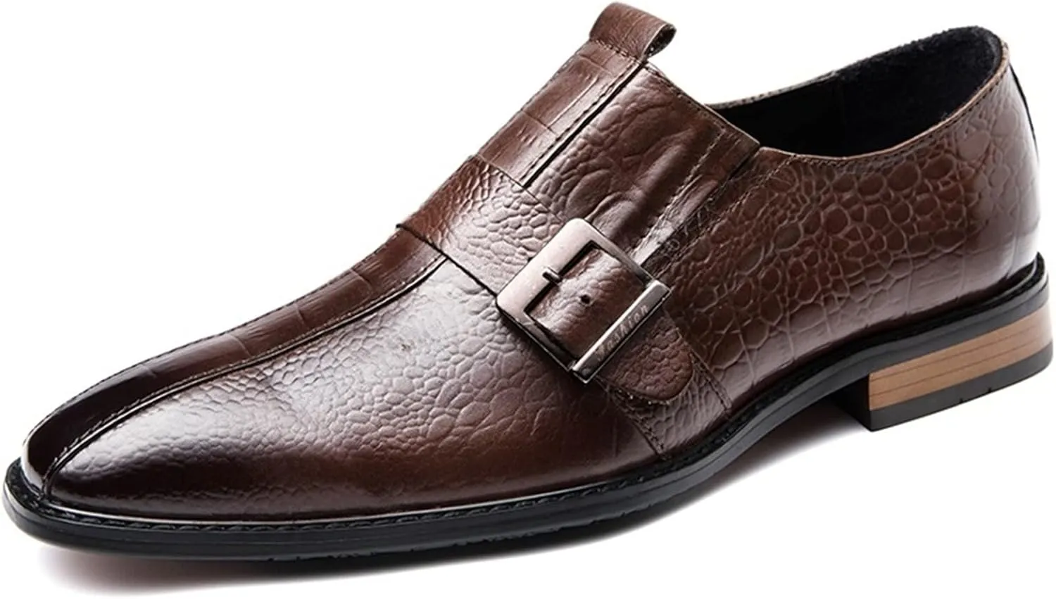 HOOENG Dress Shoes for Men Slip On Monk Strap Crocodile Print Burnished Square Toe Leather Low Top Non Slip Block Heel Anti-Slip Working