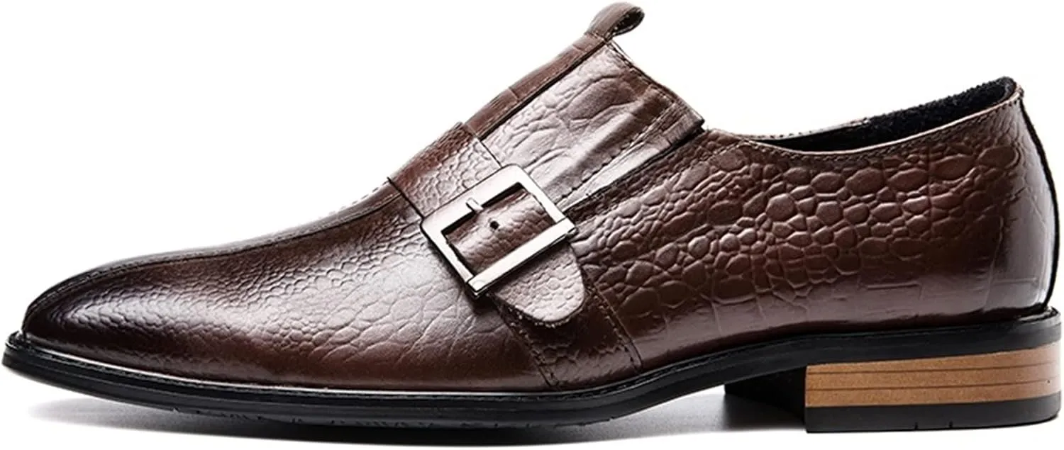 HOOENG Dress Shoes for Men Slip On Monk Strap Crocodile Print Burnished Square Toe Leather Low Top Non Slip Block Heel Anti-Slip Working