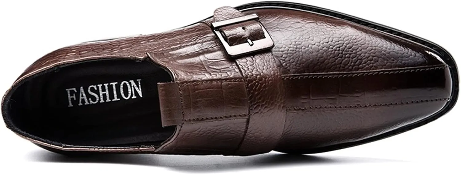 HOOENG Dress Shoes for Men Slip On Monk Strap Crocodile Print Burnished Square Toe Leather Low Top Non Slip Block Heel Anti-Slip Working