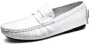 HOOENG Driving Moccasins for Men Round Toe Faux Crocodile Leather Penny Loafer Soft Comfortable Flexible Flat Heel Driving Slip on
