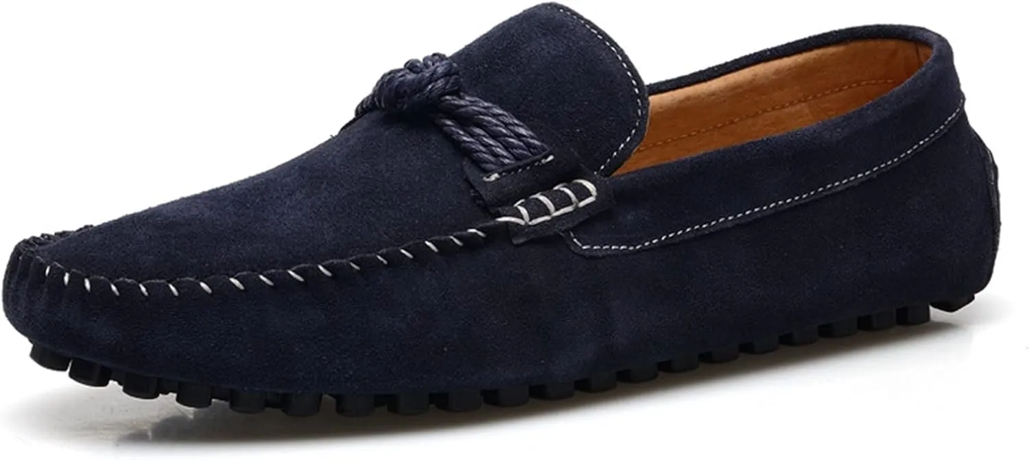 HOOENG Loafer Shoes for Men Suede Vamp Round Toe Breathable Stitching Details Rope Tie Flat Heel Flexible Soft Walking Slip on (Color : Navy, Size : 7)