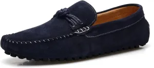 HOOENG Loafer Shoes for Men Suede Vamp Round Toe Breathable Stitching Details Rope Tie Flat Heel Flexible Soft Walking Slip on (Color : Navy, Size : 8)