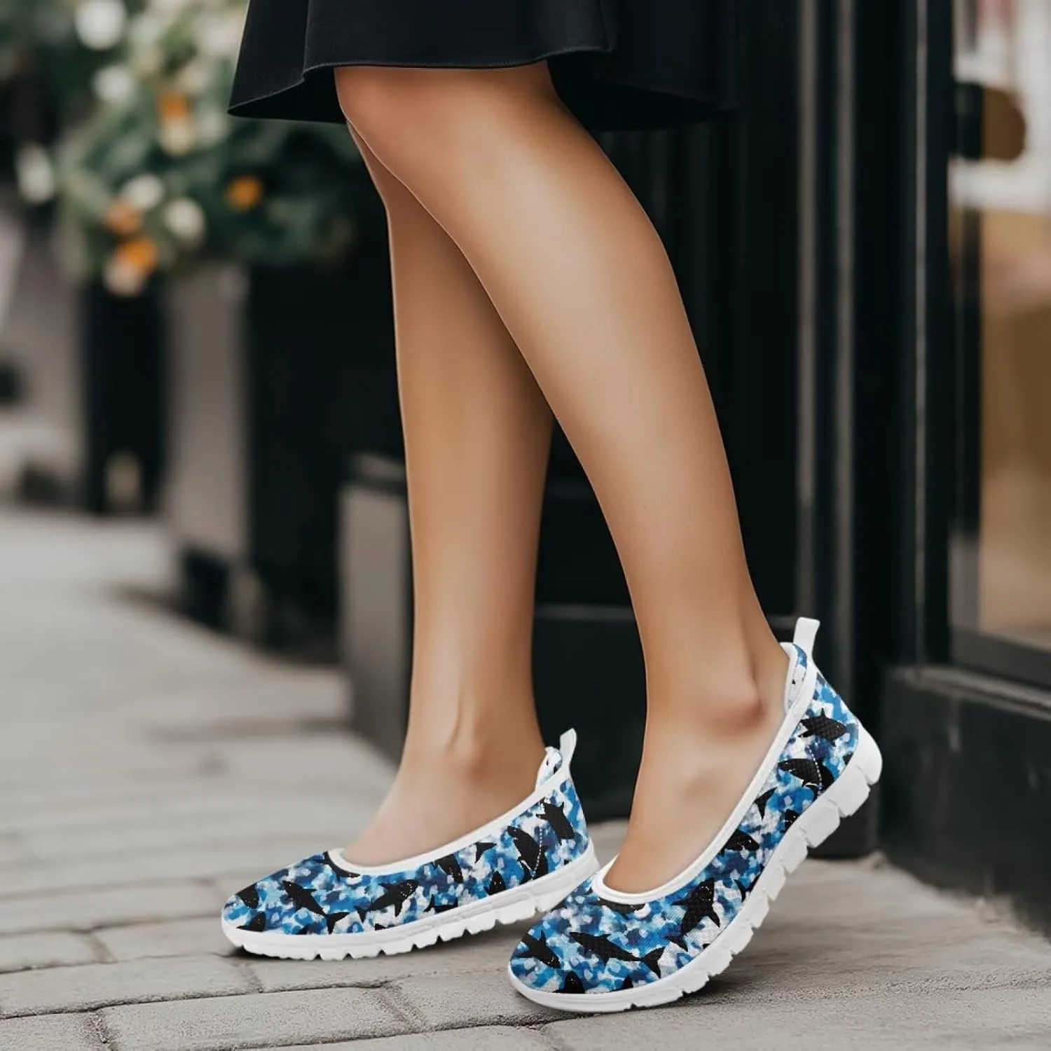 Howilath Sea Turtle & Dolphin Print Women Flat Shoes Casual Mesh Ballet Flats Slip on Trekking Shoes Comfy Dressy Shoes