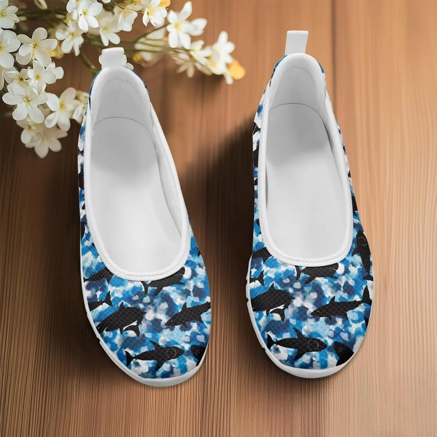Howilath Sea Turtle & Dolphin Print Women Flat Shoes Casual Mesh Ballet Flats Slip on Trekking Shoes Comfy Dressy Shoes