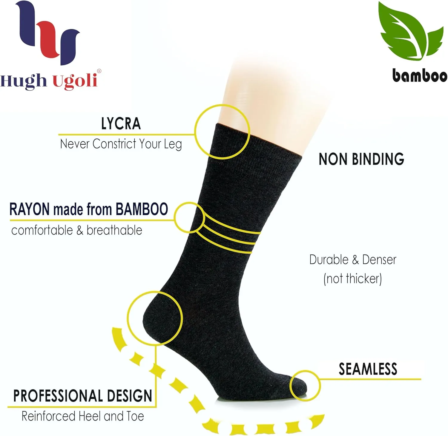 Hugh Ugoli Women's Thin Soft Bamboo Crew Socks for Dress, Trouser, Seamless Toe & Non-Binding, 3 Pairs, Shoe Size 5-8/9-11