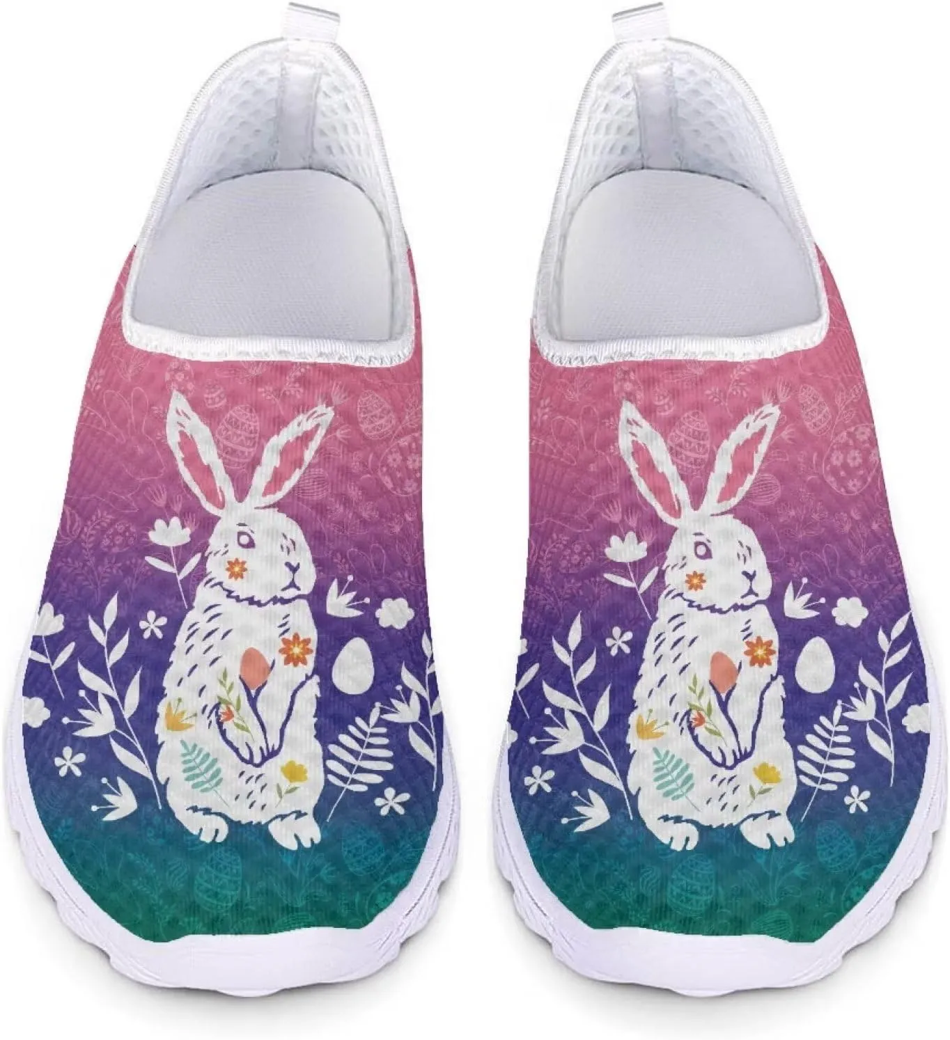 HUIACONG Easter Rabbit Walking Shoes for Women Lightweight Slip On Flat Gradient Ladies Tennis Shoes Size 8.5 Casual Breathable Sneakers Gym Yoga Shoes Loafers Comfy Mesh Running Footwear