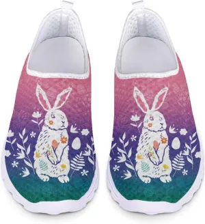 HUIACONG Easter Rabbit Walking Shoes for Women Lightweight Slip On Flat Gradient Ladies Tennis Shoes Size 8.5 Casual Breathable Sneakers Gym Yoga Shoes Loafers Comfy Mesh Running Footwear