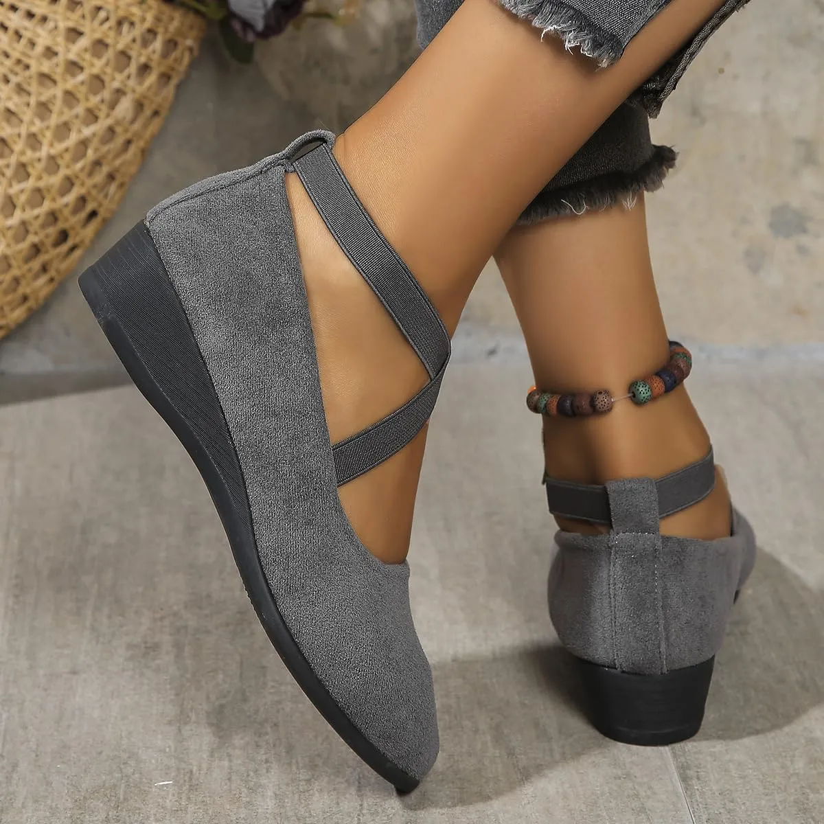HUIQINGLI Women's Comfy Elastic Crisscross Strap Wedge Slip-On Shoes, Womens Pointed Toe Ballet Wedge Dress Shoes Round Toe Comfy Pump