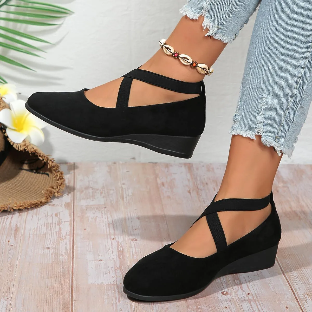 HUIQINGLI Women's Comfy Elastic Crisscross Strap Wedge Slip-On Shoes, Womens Pointed Toe Ballet Wedge Dress Shoes Round Toe Comfy Pump
