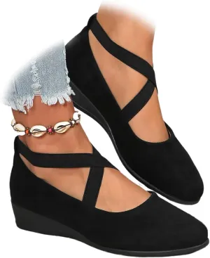 HUIQINGLI Women's Comfy Elastic Crisscross Strap Wedge Slip-On Shoes, Womens Pointed Toe Ballet Wedge Dress Shoes Round Toe Comfy Pump
