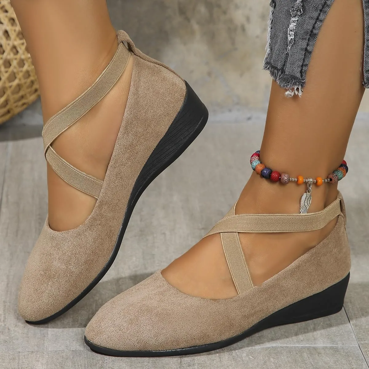 HUIQINGLI Women's Comfy Elastic Crisscross Strap Wedge Slip-On Shoes, Womens Pointed Toe Ballet Wedge Dress Shoes Round Toe Comfy Pump