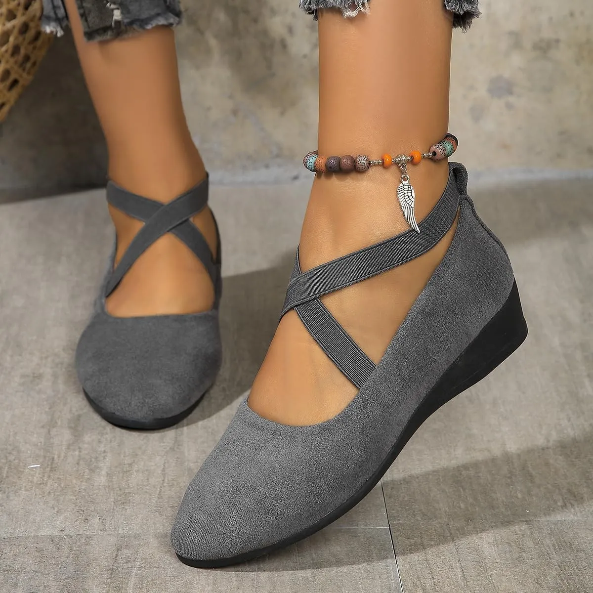 HUIQINGLI Women's Comfy Elastic Crisscross Strap Wedge Slip-On Shoes, Womens Pointed Toe Ballet Wedge Dress Shoes Round Toe Comfy Pump