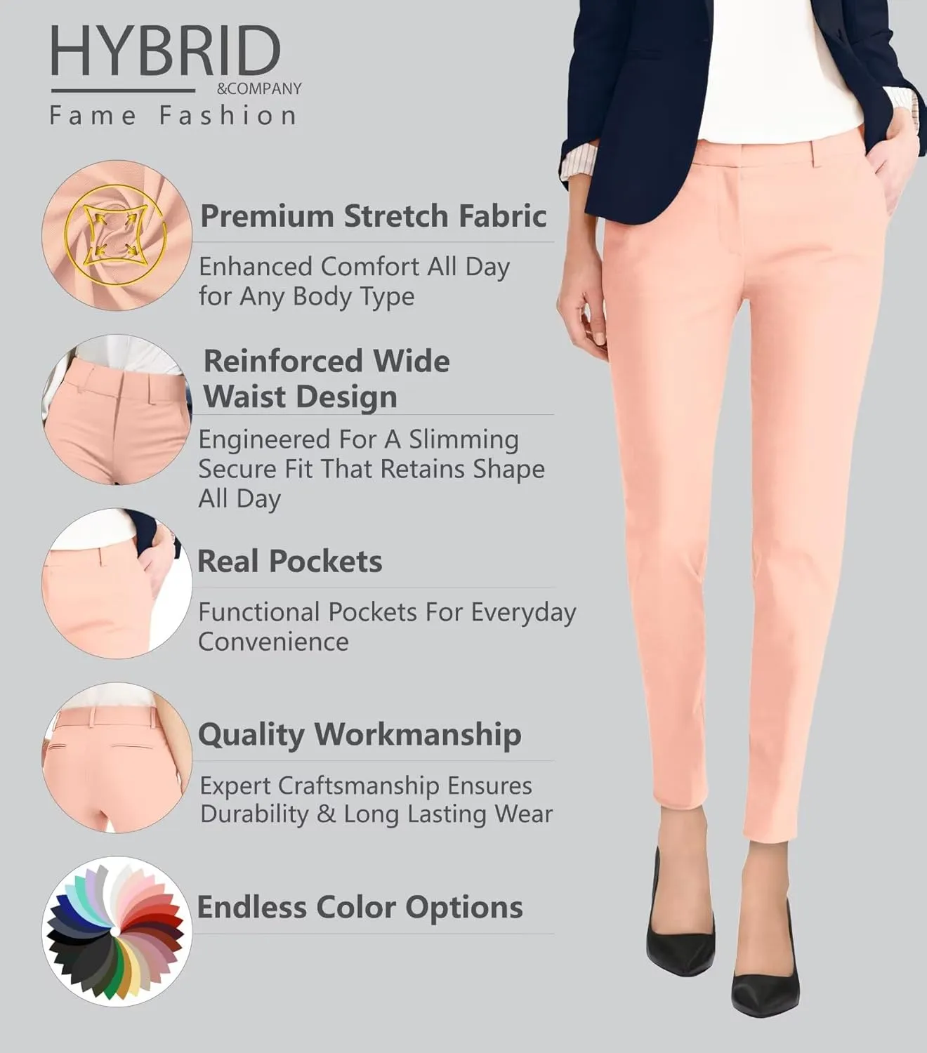 Hybrid & Company Womens Ultra Comfy Stretch Slim Fit Trousers Chino Pants with Pocket