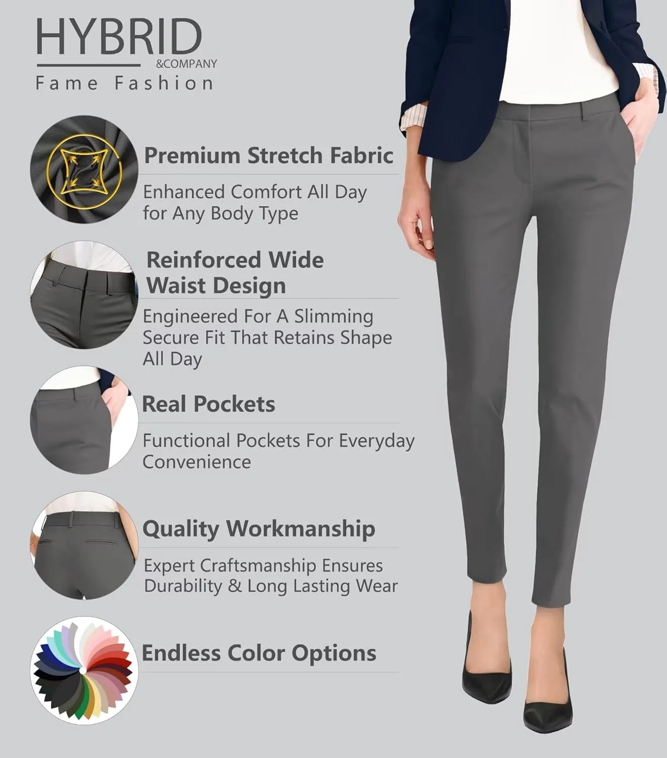 Hybrid & Company Womens Ultra Comfy Stretch Slim Fit Trousers Chino Pants with Pocket